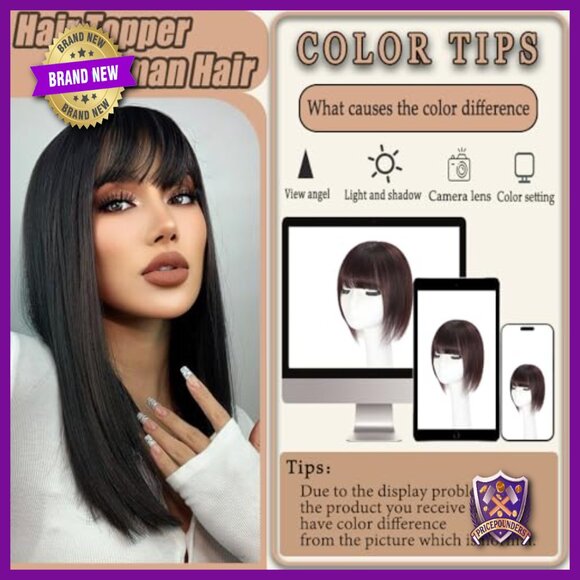 12 Inch Human Hair Topper with Clip-In Bangs for Thinning Hair